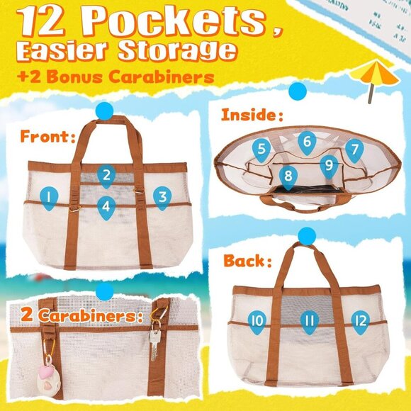 Large Mesh Beach Bag WomenXXL Capacity Sand-Free Foldable Lightweight - Picture 4 of 7